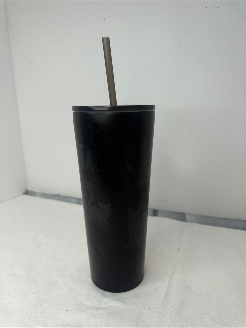 STARBUCKS GLOW IN THE Matte Black CaT Pattern Stainless Steel Tumbler with Straw